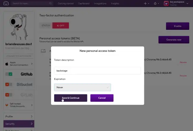 Create Bitrise personal token