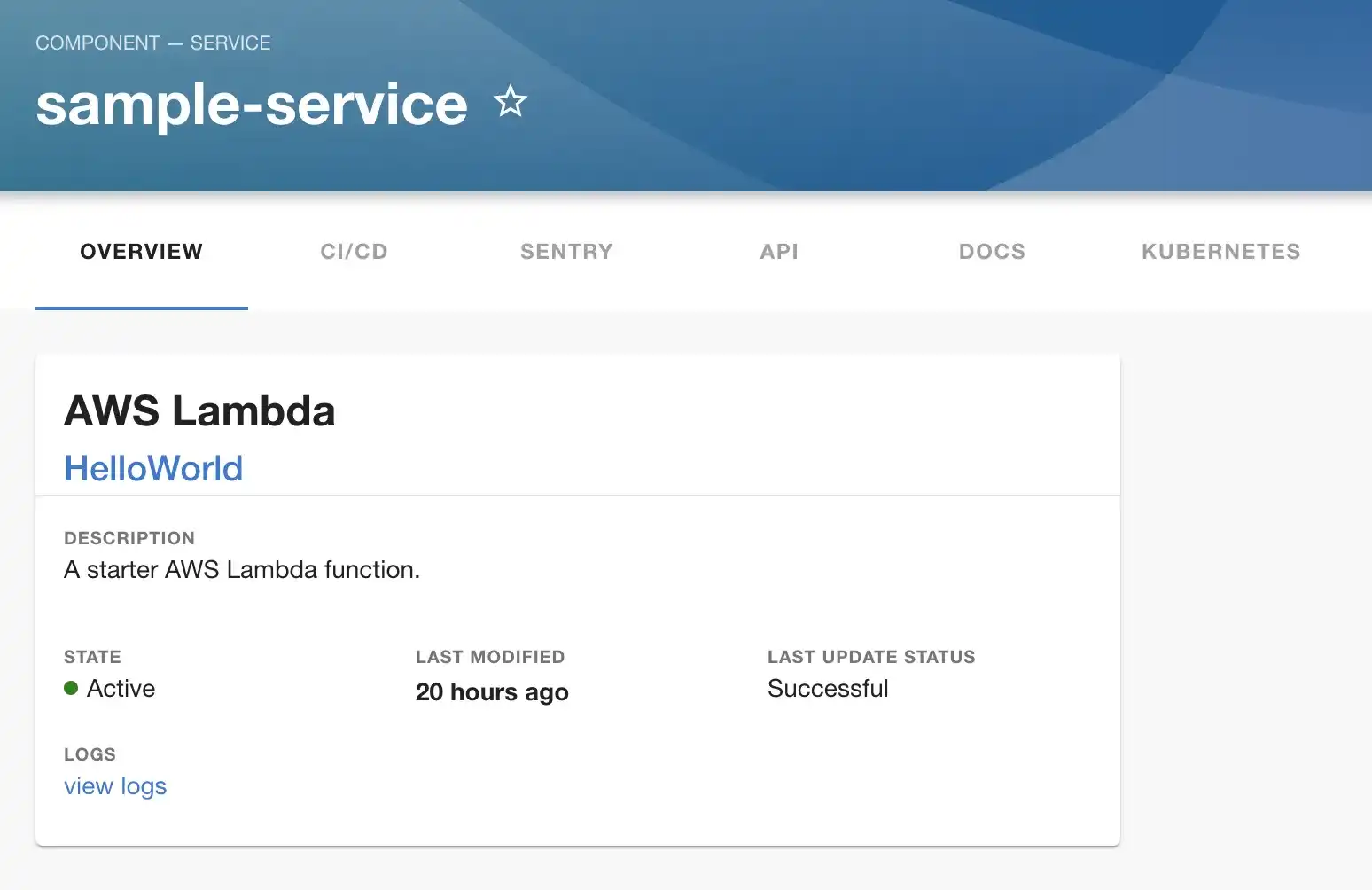 A screenshot of the AWS Lambda. It is showing a AWS Lambda function details for a sample component.