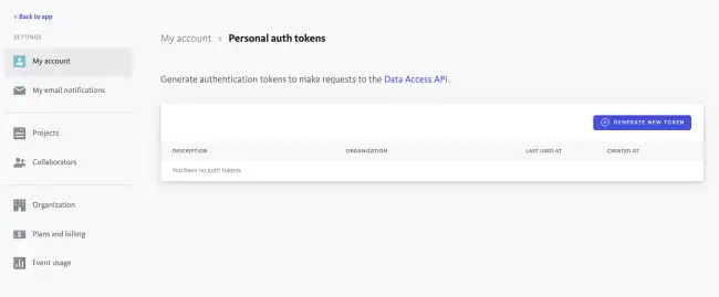 Personal Tokens screen in Bugsnag with no tokens defined