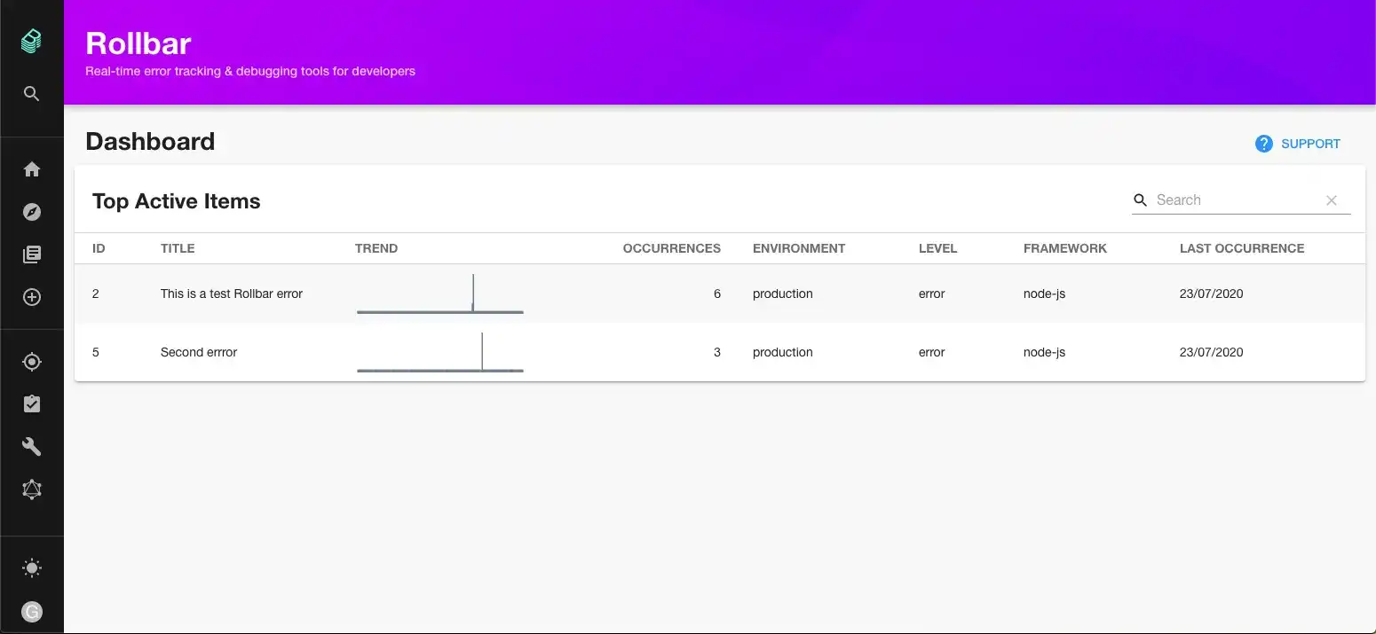 A screenshot of the Rollbar plugin. It is showing a list of errors.