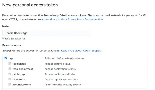 GitHub screen with the repo scope checkbox checked and all other checkboxes unchecked